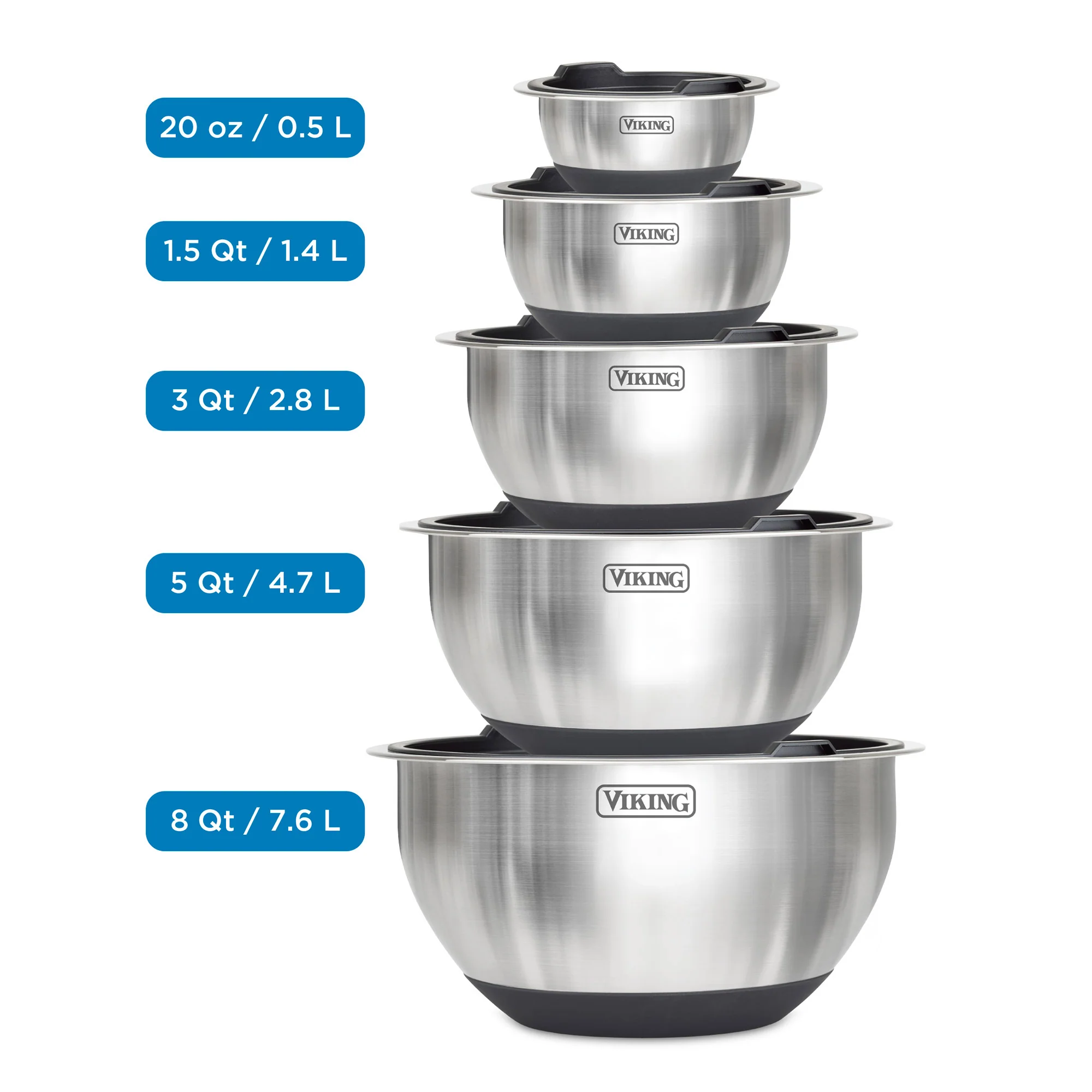 Viking 10-Piece Stainless Steel Mixing Bowl Set with Lids, Black - Image 4
